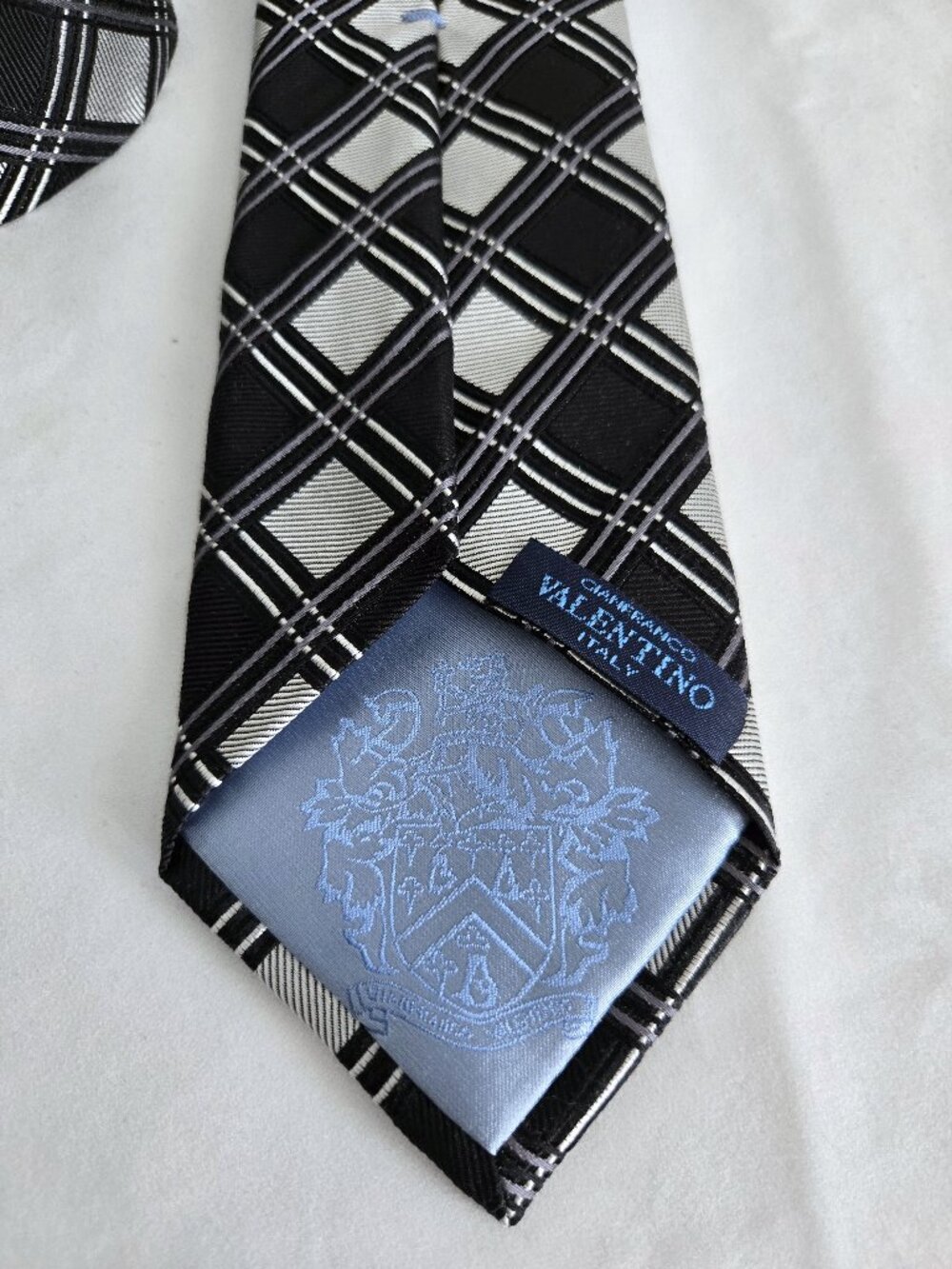 Gianfranco Valentino Silk Necktie | Black, Silver & Purple Geometric Pattern
